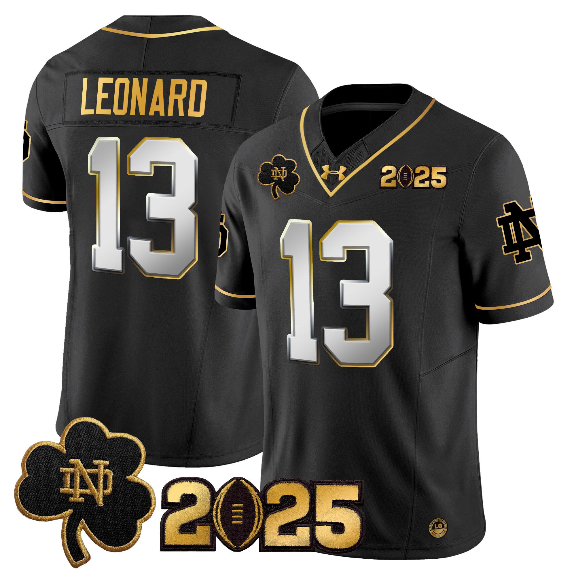 Men Notre Dame Fighting Irish #13 Leonard Black 2025 CFP Final Patch Gold Vapor Limited NCAA Jersey style 2